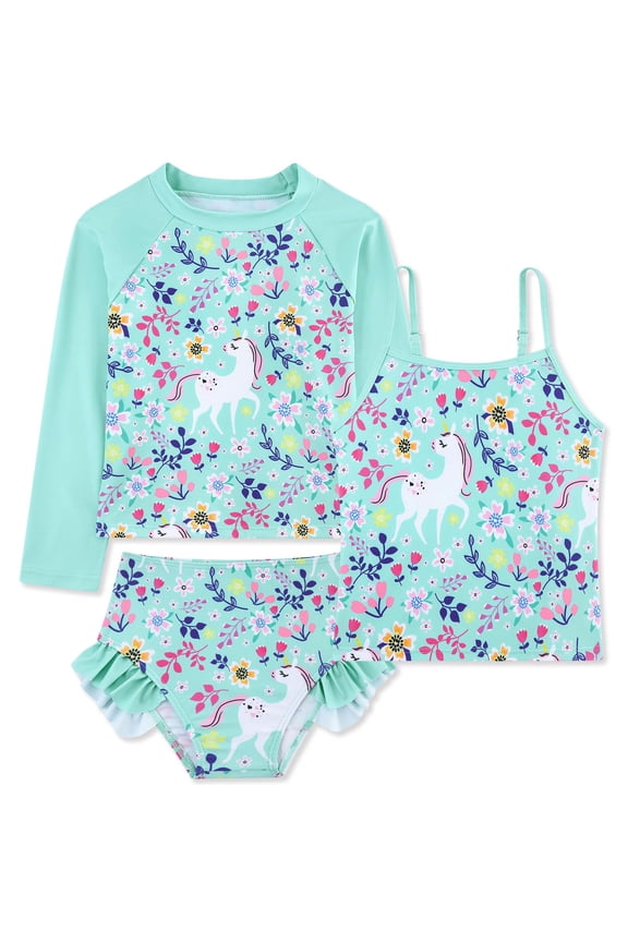 Girls 3-Piece Swimsuit Kids Bathing Suits Tankini Set Long Sleeve Rash Guard Swimwear for Girls 3-10Y