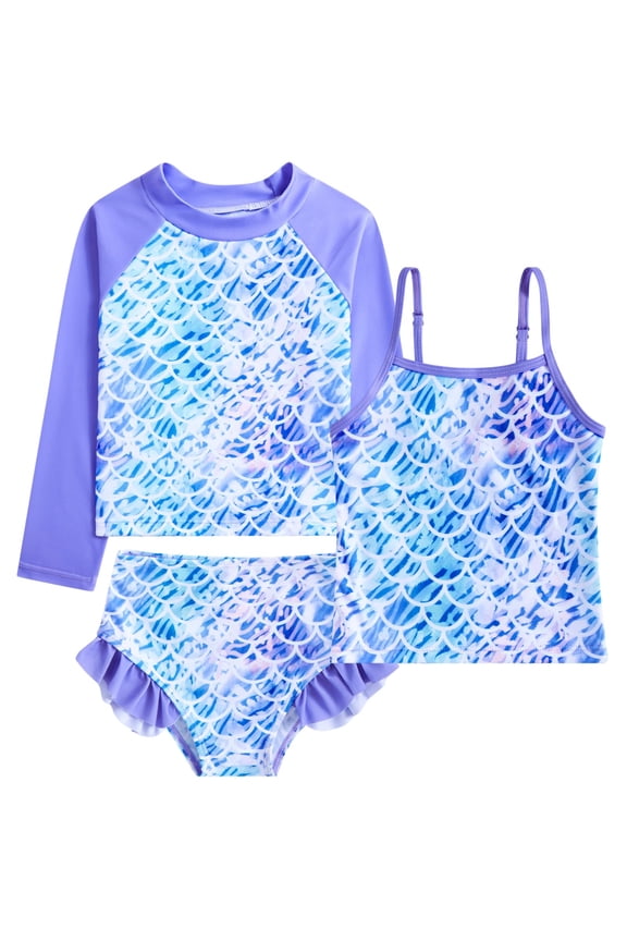 Girls 3-Piece Swimsuit Kids Bathing Suits Tankini Set Long Sleeve Rash Guard Swimwear for Girls 3-10Y