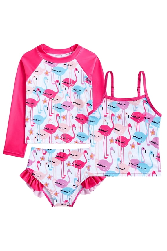 Girls 3-Piece Swimsuit Kids Bathing Suits Tankini Set Long Sleeve Rash Guard Swimwear for Girls 3-10Y