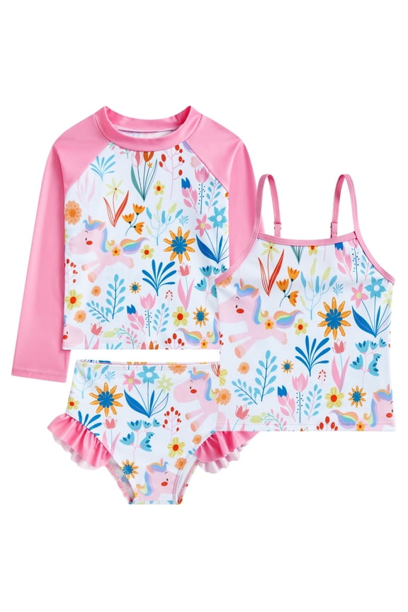 Girls 3-Piece Swimsuit Kids Bathing Suits Tankini Set Long Sleeve Rash Guard Swimwear for Girls 3-10Y