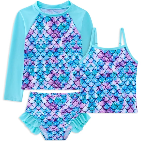 Girls 3-Piece Swimsuit Kids Bathing Suits Tankini Set Long Sleeve Rash Guard Swimwear for Girls 3-10Y