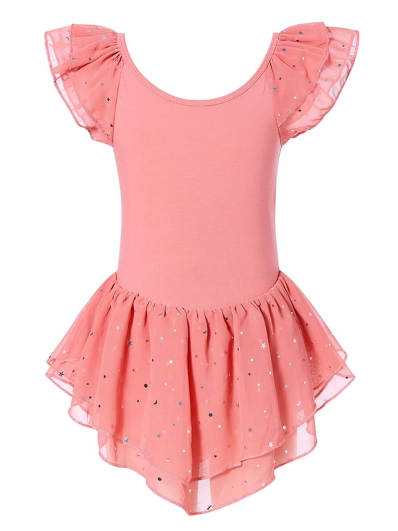 Girls Ballet Dance Dress Toddler Leotards Ruffle Sleeve Shiny Ballet Tutu Skirt Coral Pink 2-9T