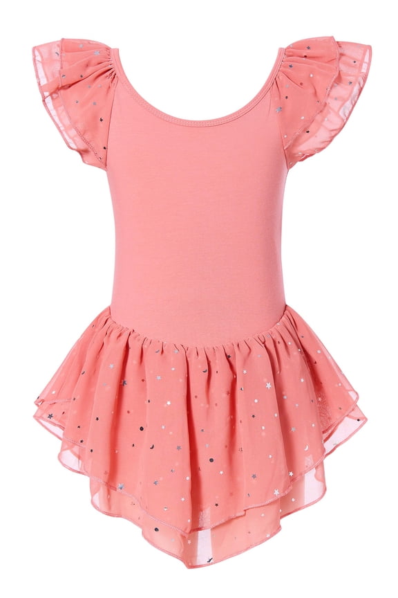 Girls Ballet Dance Dress Toddler Leotards Ruffle Sleeve Shiny Ballet Tutu Skirt Coral Pink 2-9T