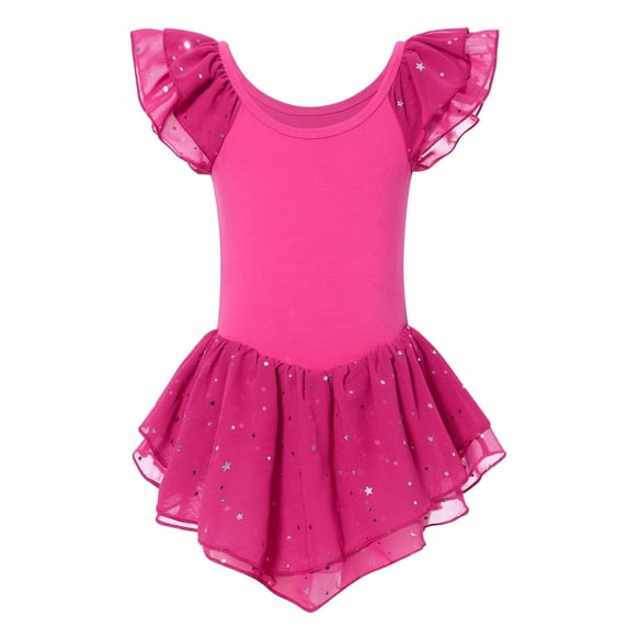 Aideaone Girls Ballet Dance Dress Toddler Leotards Ruffle Sleeve Shiny Ballet Tutu Skirt Rose Pink 2-9T