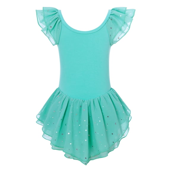 Aideaone Girls Ballet Dance Dress Toddler Leotards Ruffle Sleeve Shiny Ballet Tutu Skirt Turquoise 2-9T