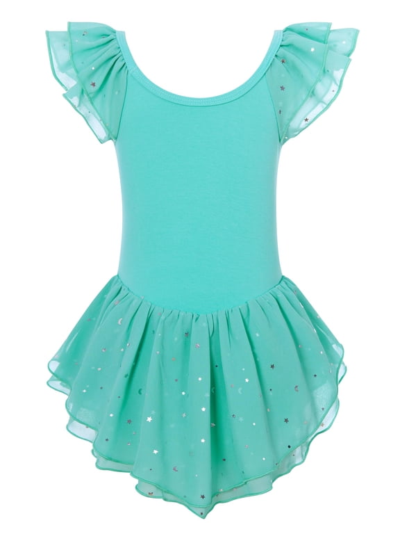 Girls Ballet Dance Dress Toddler Leotards Ruffle Sleeve Shiny Ballet Tutu Skirt Turquoise 2-9T