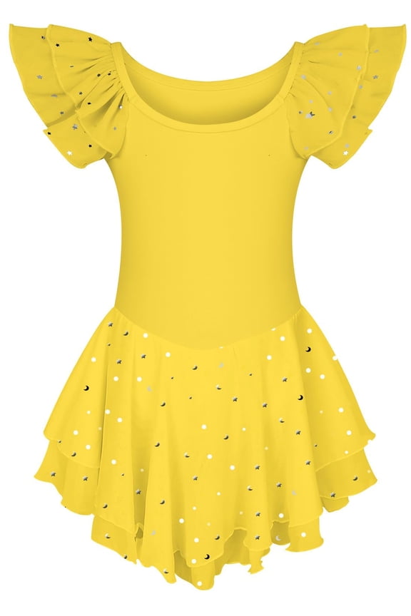 Girls Ballet Dance Dress Toddler Leotards Ruffle Sleeve Shiny Ballet Tutu Skirt Yellow 2-9T