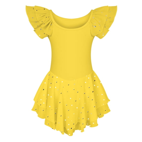 Aideaone Girls Ballet Dance Dress Toddler Leotards Ruffle Sleeve Shiny Ballet Tutu Skirt Yellow 2-9T