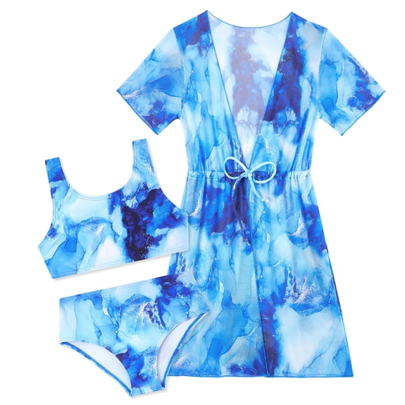 Aideaone Girls Bikini Swimsuits Set for Girls 3 Piece Skirt Bathing Suits Swim Dress Hawaiian Beach Swimwear with Kimono Cover Up