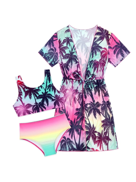 Girls Bikini Swimsuits Set for Girls 3 Piece Skirt Bathing Suits Swim Dress Hawaiian Beach Swimwear with Kimono Cover Up