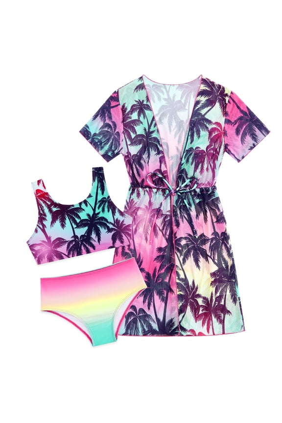 Girls Bikini Swimsuits Set for Girls 3 Piece Skirt Bathing Suits Swim Dress Hawaiian Beach Swimwear with Kimono Cover Up