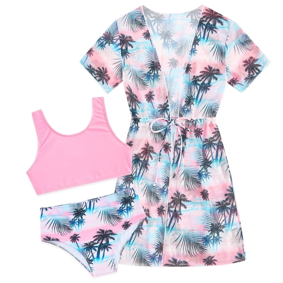 Aideaone Girls Bikini Swimsuits Set for Girls 3 Piece Skirt Bathing Suits Swim Dress Hawaiian Beach Swimwear with Kimono Cover Up