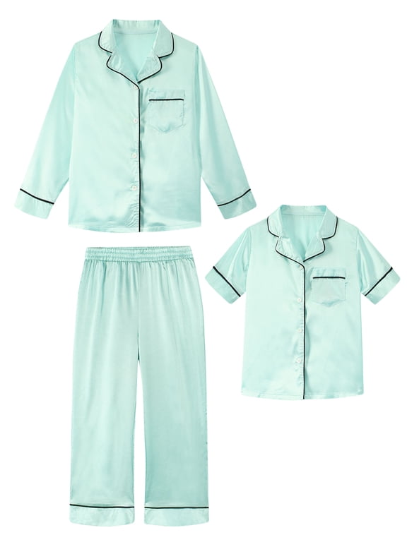 Girls Boys Silk Pajamas Kids 3 Piece Satin PJs Set Button-Down Silky Nightwear Children Sleepwear for 5-12 Years