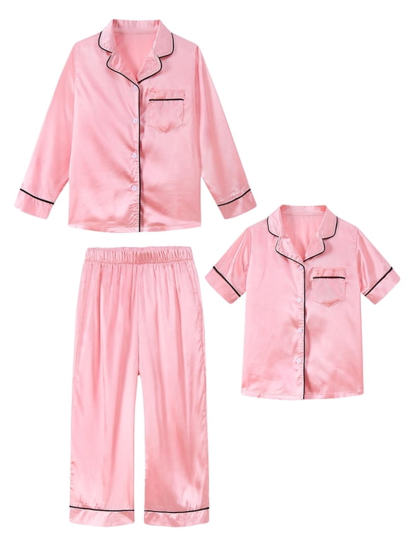 Girls Boys Silk Pajamas Kids 3 Piece Satin PJs Set Button-Down Silky Nightwear Children Sleepwear for 5-12 Years