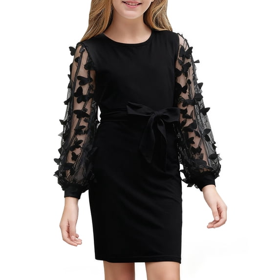 Aideaone Girls Butterfly Dress 3D Applique Mesh Puff Sleeve Belted Party Dress 7-16 Years