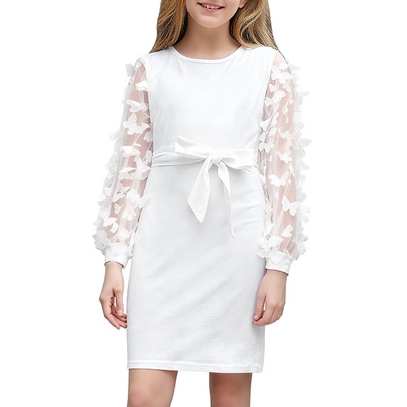 Aideaone Girls Butterfly Dress 3D Applique Mesh Puff Sleeve Belted Party Dress 7-16 Years