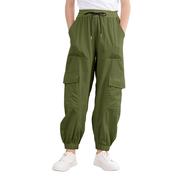 Aideaone Girls Cargo Pants for Kids Elastic Waist Casual Jogger Pant Streetwear Loose Parachute with Pockets Army Green 7-14Years