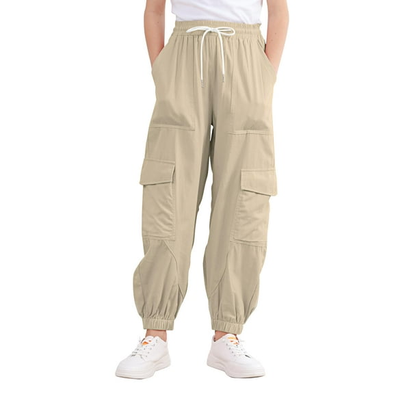 Aideaone Girls Cargo Pants for Kids Elastic Waist Casual Jogger Pant Streetwear Loose Parachute with Pockets Beige 7-14Years