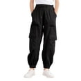 thumbnail image 1 of Aideaone Girls Cargo Pants for Kids Elastic Waist Casual Jogger Pant Streetwear Loose Parachute with Pockets Black 7-14Years, 1 of 9
