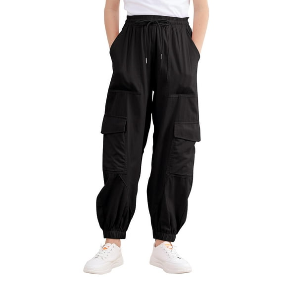 Aideaone Girls Cargo Pants for Kids Elastic Waist Casual Jogger Pant Streetwear Loose Parachute with Pockets Black 7-14Years