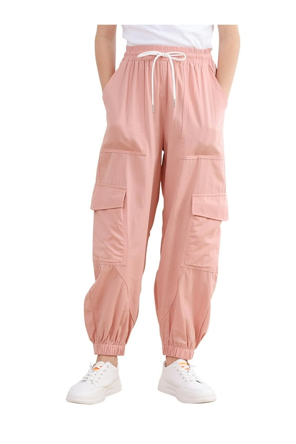 Girls Cargo Pants for Kids Elastic Waist Casual Jogger Pant Streetwear Loose Parachute with Pockets Pink 7-14Years