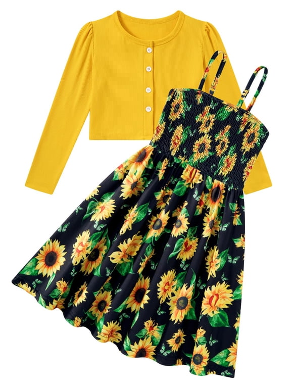 Girls Casual Adjustable Strap Sleveless Dress Cardigan Set Size 5-12Y