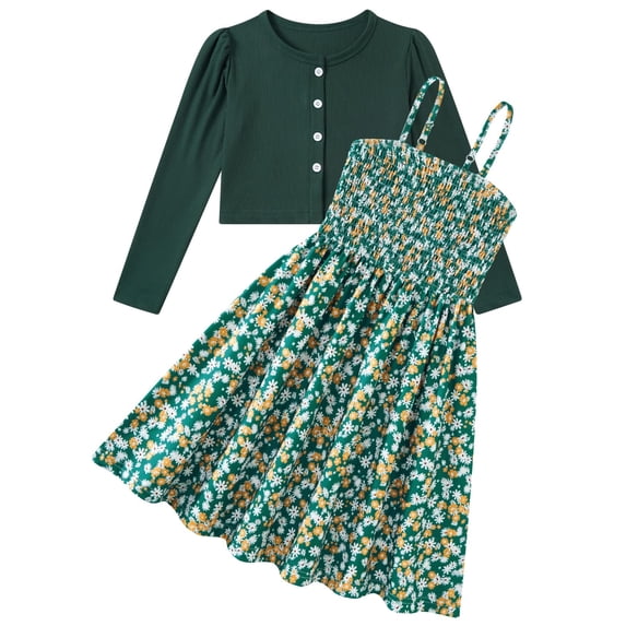 Aideaone Girls Casual Adjustable Strap Sleveless Dress Cardigan Set Size 5-12Y