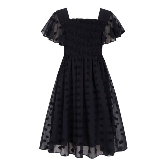 Aideaone Girls Chiffon Dress Flutter Ruffle Short Sleeve Kids Square Neck Frocks Black 6-13Y