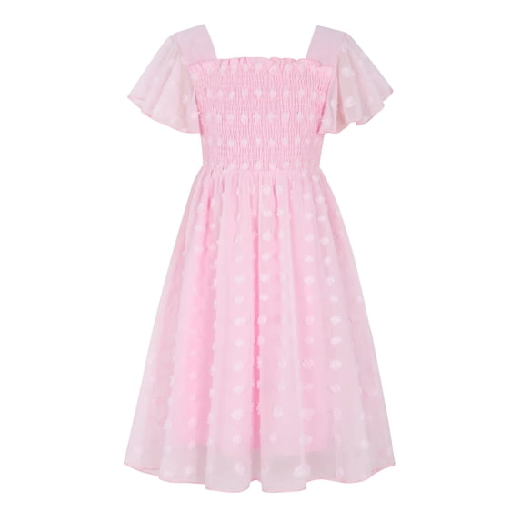 Aideaone Girls Chiffon Dress Flutter Ruffle Short Sleeve Kids Square Neck Frocks Pink 6-13Y