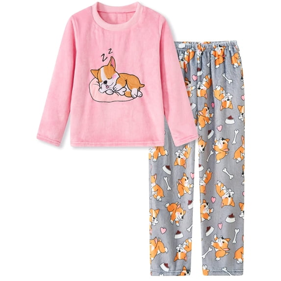 Aideaone Girls Christmas Fleece Pajamas Set Kids Soft Flannel Winter Pjs 2 Piece Size 7-14