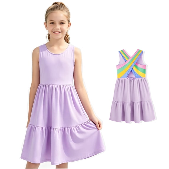 Aideaone Girls Dresses Athletic Sleeveless Kids Summer Sundress with Criss Cross Rainbow Straps Sporty Dress for Girls 6-10 Years