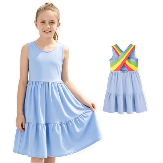 Aideaone Girls Dresses Athletic Sleeveless Kids Summer Sundress with Criss Cross Rainbow Straps Sporty Dress for Girls 6-10 Years