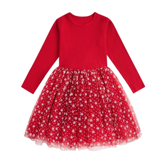 Aideaone Girls Dresses Long Sleeve Tutu Dress Fluffy Tulle Fall Winter Dresses Red 4-8 Years