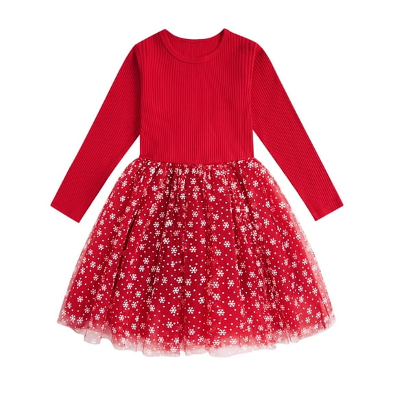 Aideaone Girls Dresses Long Sleeve Tutu Dress Fluffy Tulle Fall Winter Dresses Red 4-8 Years