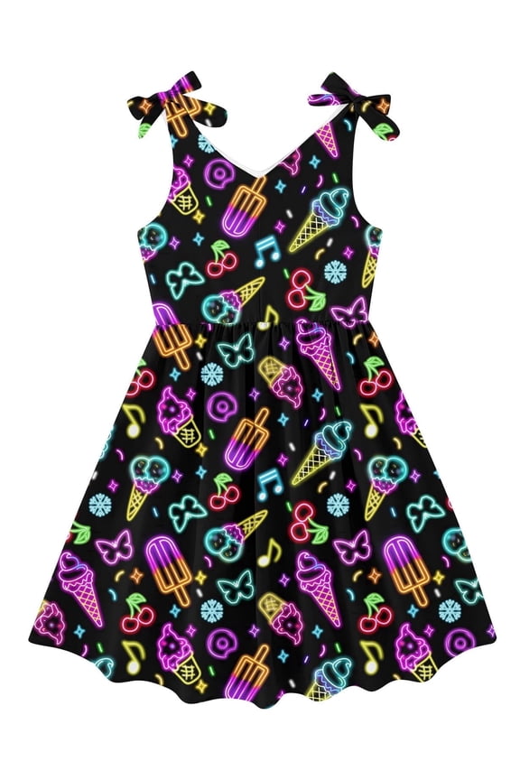 Girls Dresses Sleeveless Summer Dress Bowknot Strap Stripe V Neck Sundress 3-10T