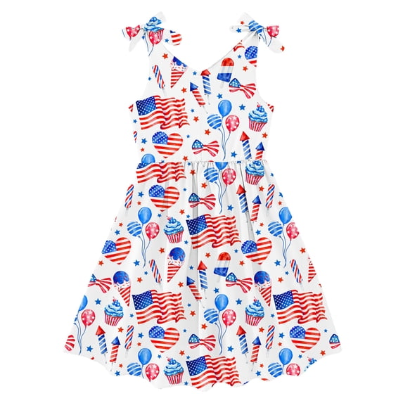 Aideaone Girls 4th of July Dresses Sleeveless Summer Dress Bowknot Strap Stripe V Neck Sundress 3-10T