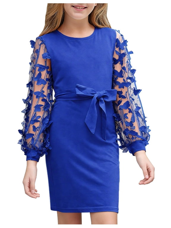 Girls Butterfly Dress 3D Applique Mesh Puff Sleeve Belted Party Dress 7-16 Years
