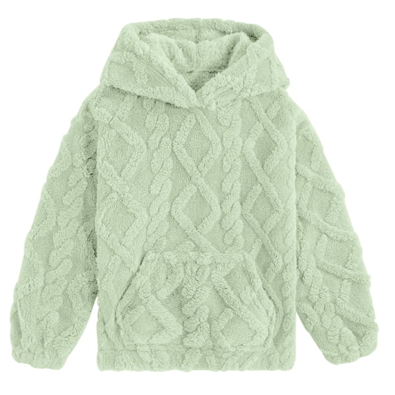 Aideaone Girls Fuzzy Fleece Hoodies Sweater Cable Knit Warm Sherpa Pullover Sweatshirt with Pockets 6-13 Years