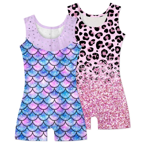 Aideaone Girls Gymnastics Leotards 2 Pack Sleeveless Rhinestone Biketards Sparkle Printed Dance Unitard Ballet Training Bodysuit for Little Girls 4-10Y