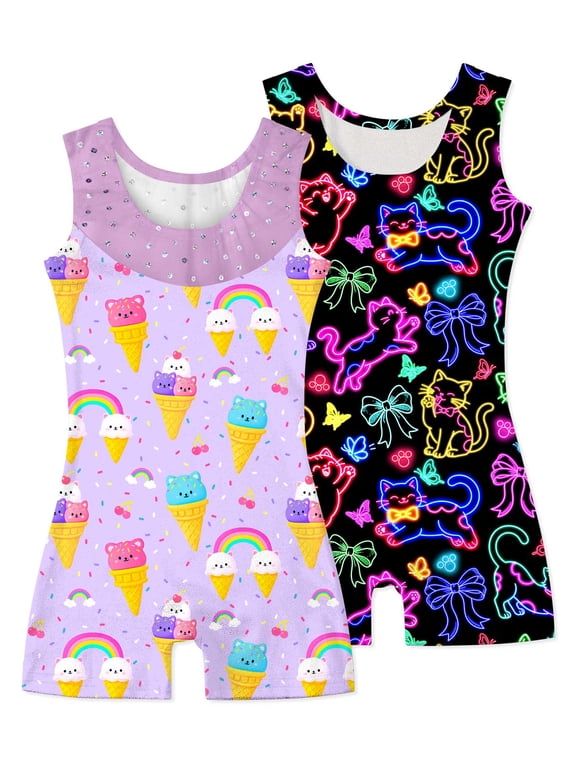 Girls Gymnastics Leotards 2 Pack Sleeveless Rhinestone Biketards Sparkle Printed Dance Unitard Ballet Training Bodysuit for Little Girls 4-10Y