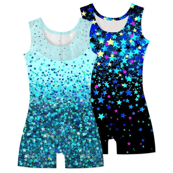 Aideaone Girls Gymnastics Leotards 2 Pack Sleeveless Rhinestone Biketards Sparkle Printed Dance Unitard Ballet Training Bodysuit for Little Girls 4-10Y
