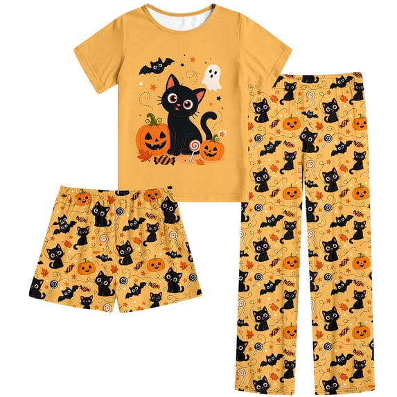 Aideaone Girls Halloween Pajamas Sets 3 Piece Short Sleeve Shirt Top Pants Shorts with Pockets Sleepwear 5-14 Years