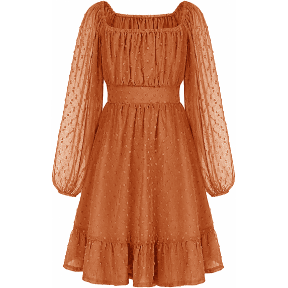Aideaone Girls Long Sleeve Chiffon Dresses Square Neck Swiss Dot A-Line Ruffle Hem Casual fall winter Dress 7-14 Years