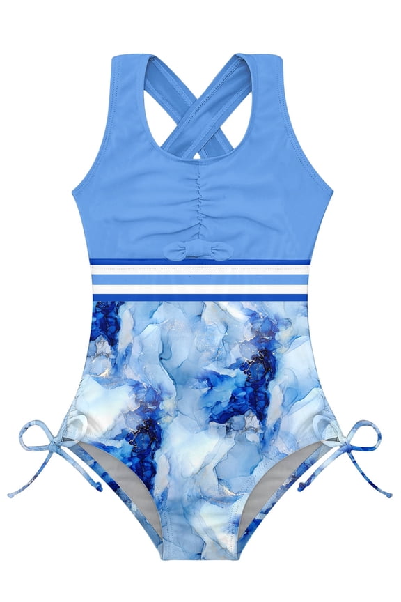 Girls One Piece Swimsuit Cute Striped Bathing Suit Drawstring Hawaii Swimwear for Girls 4-13Y