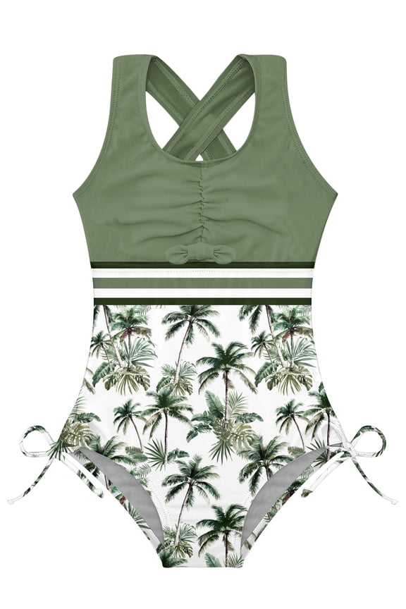 Girls One Piece Swimsuit Cute Striped Bathing Suit Drawstring Hawaii Swimwear for Girls 4-13Y