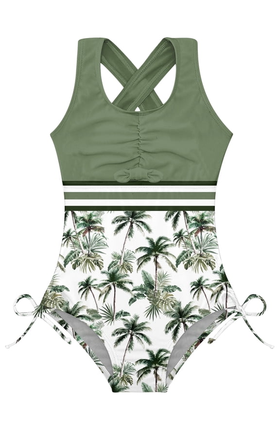 Girls One Piece Swimsuit Cute Striped Bathing Suit Drawstring Hawaii Swimwear for Girls 4-13Y