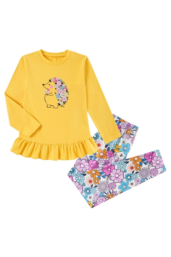 Girls Outfit Fall 2 Pcs Clothes Sets Long Sleeve Ruffle Hem Shirt Floral Pants for Kids Size 3-7