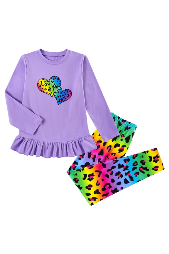 Girls Outfit Fall 2 Pcs Clothes Sets Long Sleeve Ruffle Hem Shirt Floral Pants for Kids Size 3-7