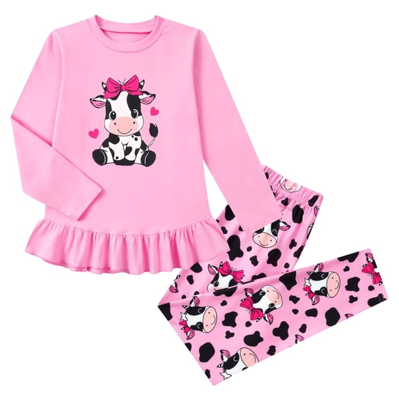 Aideaone Girls Outfit Fall 2 Pcs Clothes Sets Long Sleeve Ruffle Hem Shirt Floral Pants for Kids Size 3-8