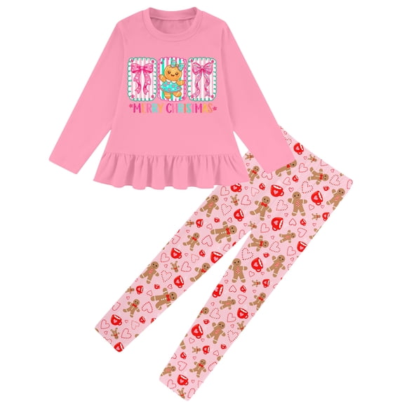 Aideaone Girls Christmas Outfit Fall 2 Pcs Clothes Sets Long Sleeve Ruffle Hem Shirt Pants for Kids Size 3-8